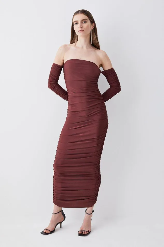 Dresses Women Karen Millen Gathered Slinky Bardot Maxi Dress Chocolate