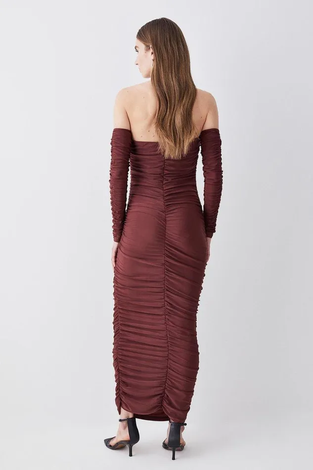 Dresses Women Karen Millen Gathered Slinky Bardot Maxi Dress Chocolate