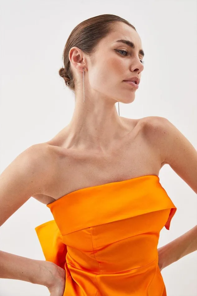 Dresses Women Karen Millen Italian Satin Bandeau Structured Bow Detail Midi Dress Tangerine