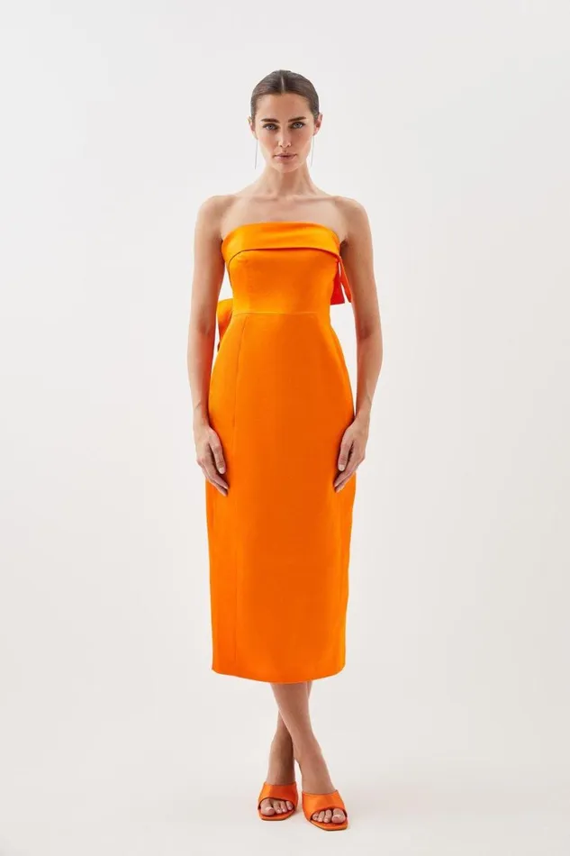 Dresses Women Karen Millen Italian Satin Bandeau Structured Bow Detail Midi Dress Tangerine
