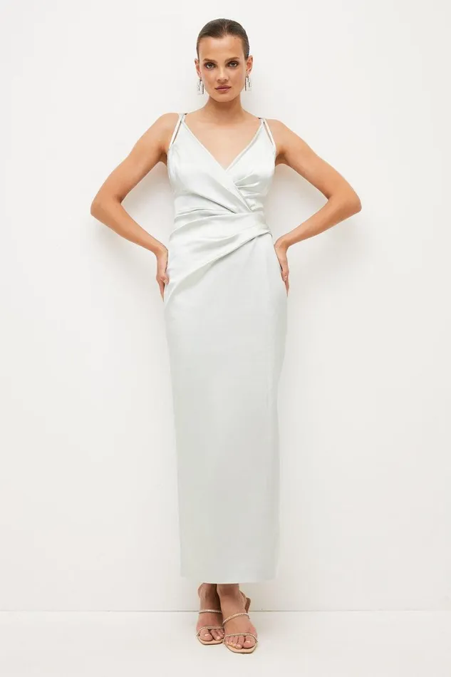 Dresses Women Karen Millen Italian Structured Satin Strappy Tailored Maxi Dress Mint