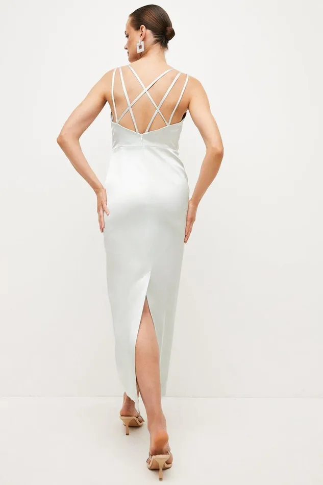 Dresses Women Karen Millen Italian Structured Satin Strappy Tailored Maxi Dress Mint