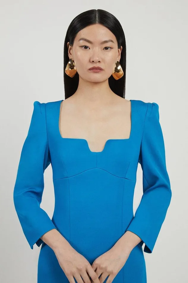 Dresses Women Karen Millen Italian Structured Stretch Sweetheart Neck Split Front Midaxi Dress Blue