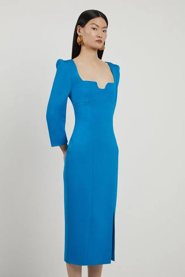 Dresses Women Karen Millen Italian Structured Stretch Sweetheart Neck Split Front Midaxi Dress Blue