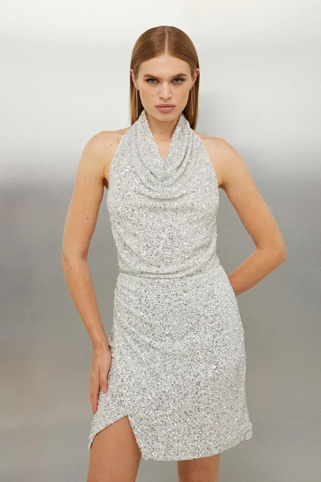 Dresses Women Karen Millen Jersey Sequin Cowl Neck Mini Dress Silver