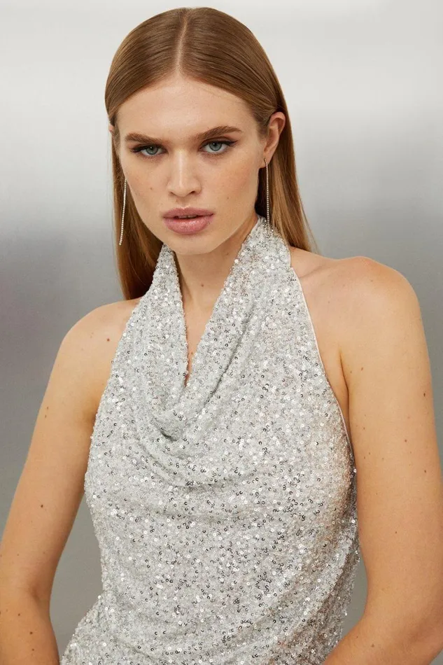 Dresses Women Karen Millen Jersey Sequin Cowl Neck Mini Dress Silver