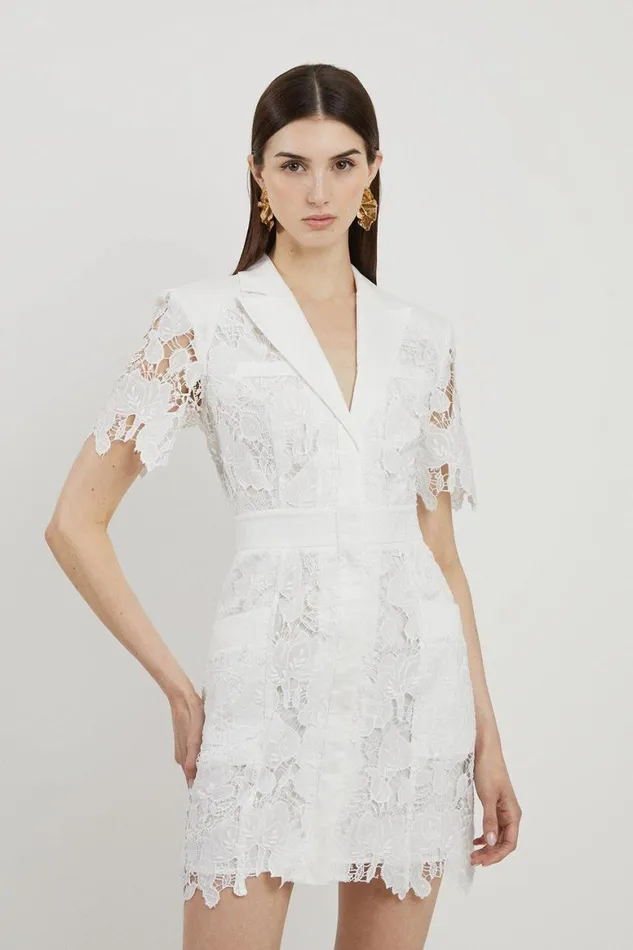 Dresses Women Karen Millen Lace And Embroidered Sharp Shoulder Woven Mini Shirt Dress White Dresses Women Karen Millen Lace And Embroidered Sharp Shoulder Woven Mini Shirt Dress White