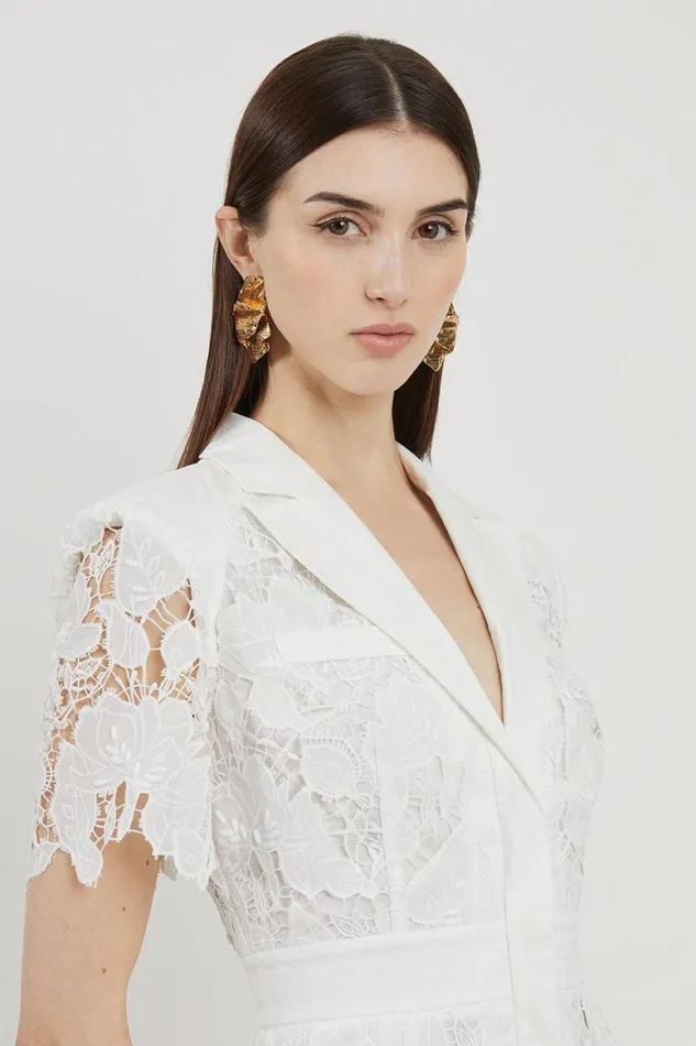 Dresses Women Karen Millen Lace And Embroidered Sharp Shoulder Woven Mini Shirt Dress White