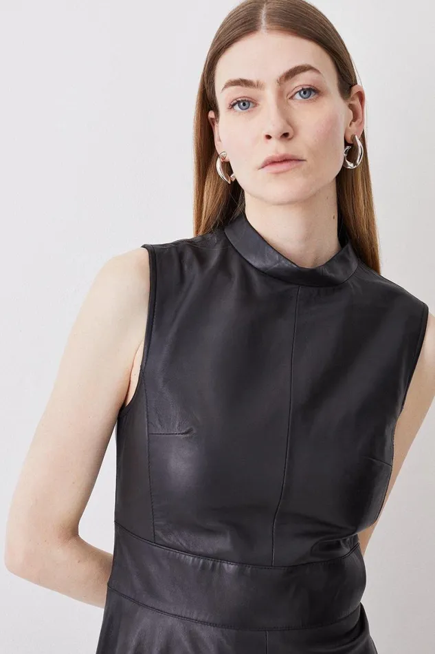 Dresses Women Karen Millen Leather High Low Sleeveless Dress Black