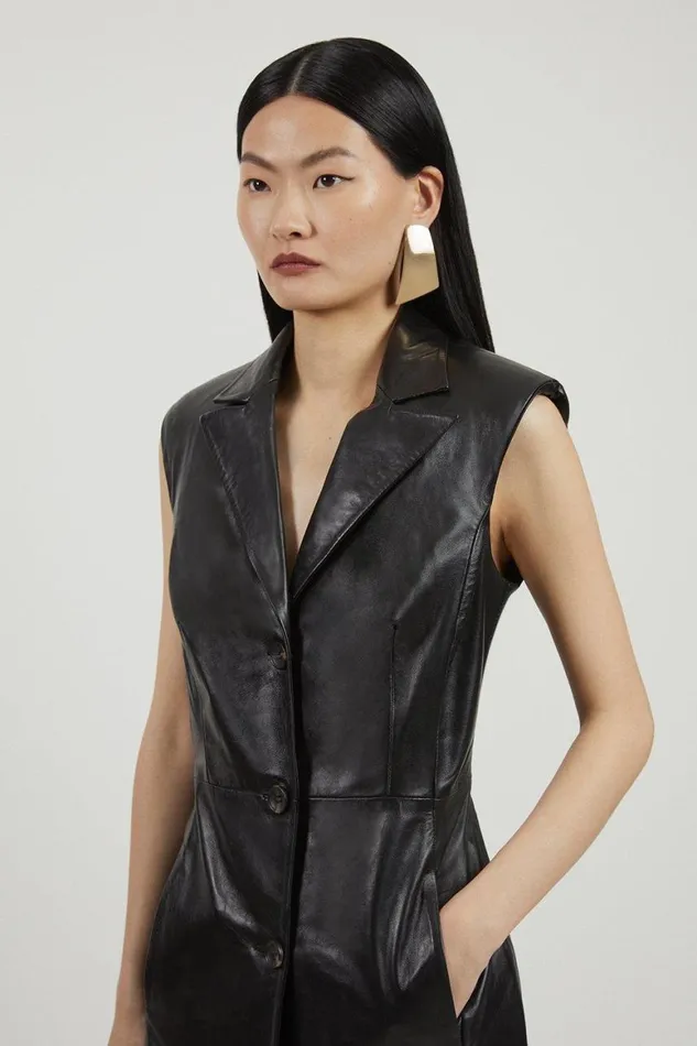 Dresses Women Karen Millen Leather Sleeveless Tassel Hem Tailored Blazer Maxi Dress Black