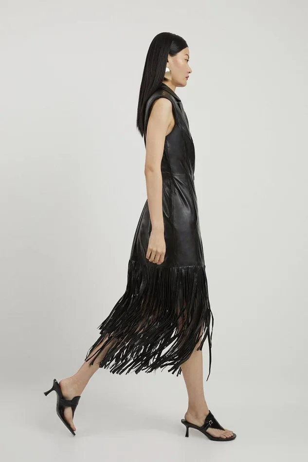Dresses Women Karen Millen Leather Sleeveless Tassel Hem Tailored Blazer Maxi Dress Black