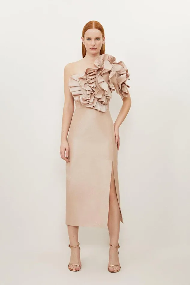 Dresses Women Karen Millen Metallic Taffeta Rosette Maxi Bardot Dress Champagne Dresses Women Karen Millen Metallic Taffeta Rosette Maxi Bardot Dress Champagne