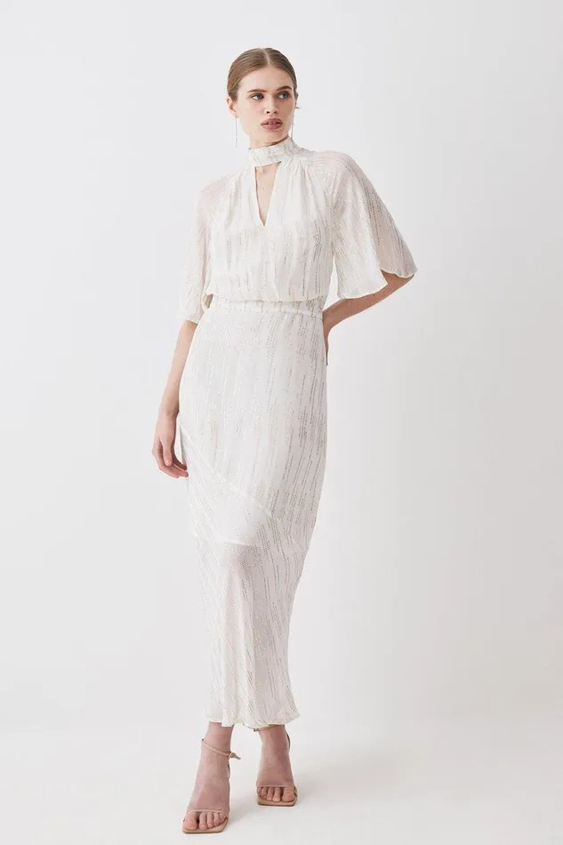 Dresses Women Karen Millen Metallic Viscose Georgette Angel Sleeve Woven Midi Dress Ivory