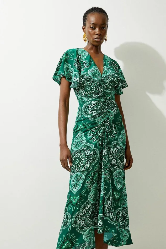 Dresses Women Karen Millen Paisley Printed Morocain Woven Maxi Dress Green