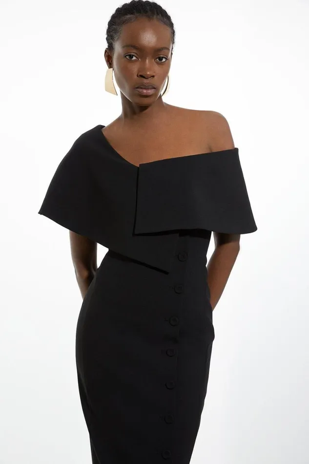 Dresses Women Karen Millen Petite Compact Stretch Off Shoulder Button Through Tailored Midaxi Pencil Dress Black