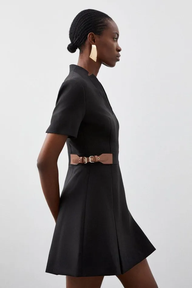 Dresses Women Karen Millen Petite Compact Stretch Tab Detail Pleated Mini Dress Black