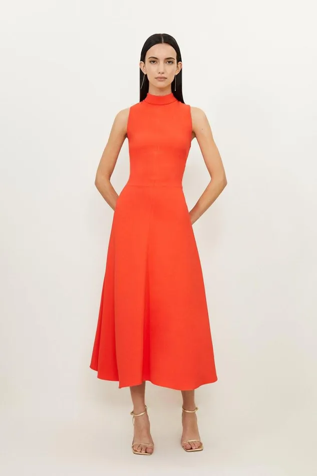 Dresses Women Karen Millen Petite Compact Stretch Viscose Tailored High Neck Tie Detail Midi Dress Tomato Red Dresses Women Karen Millen Petite Compact Stretch Viscose Tailored High Neck Tie Detail Midi Dress Tomato Red