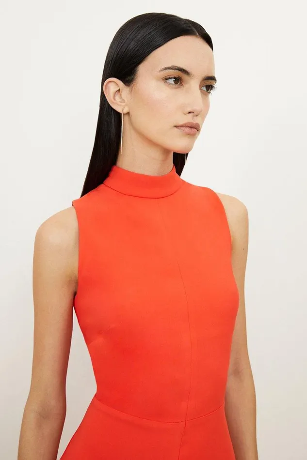 Dresses Women Karen Millen Petite Compact Stretch Viscose Tailored High Neck Tie Detail Midi Dress Tomato Red