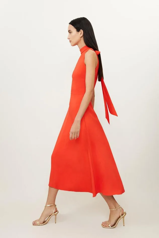 Dresses Women Karen Millen Petite Compact Stretch Viscose Tailored High Neck Tie Detail Midi Dress Tomato Red
