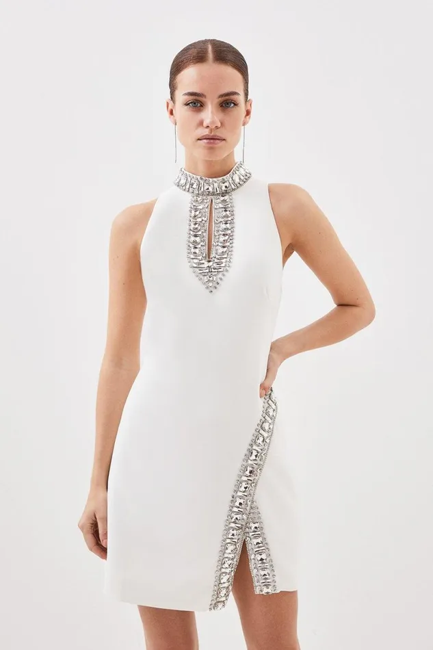 Dresses Women Karen Millen Petite Crystal Embellished Woven Mini Dress Ivory