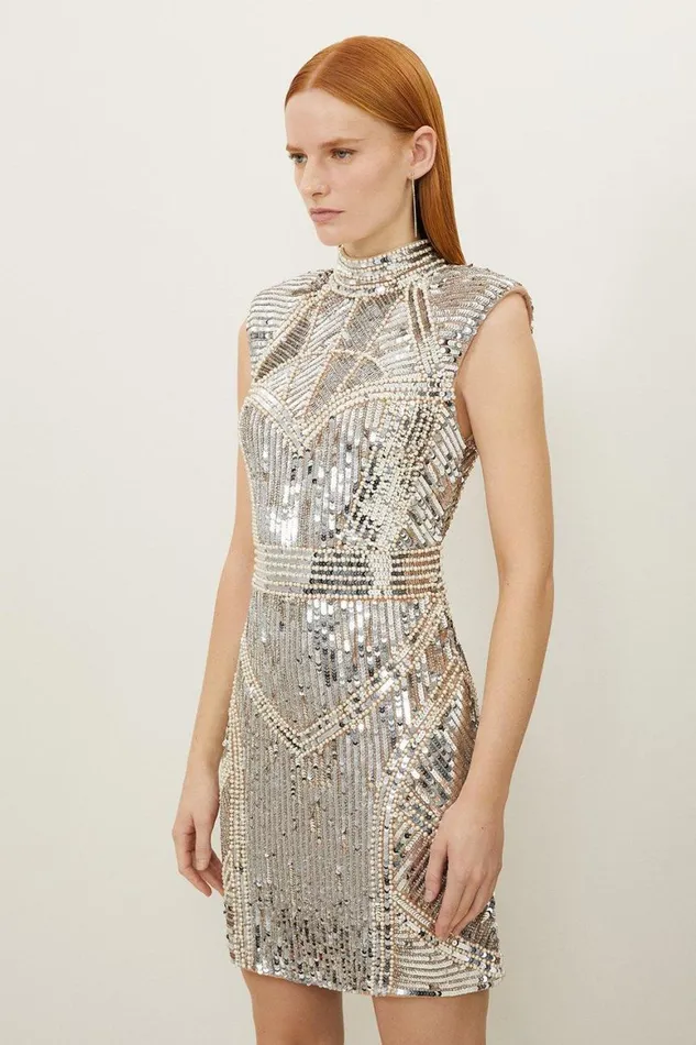 Dresses Women Karen Millen Petite Embellished Pearl Strong Shoulder Mini Dress Nude