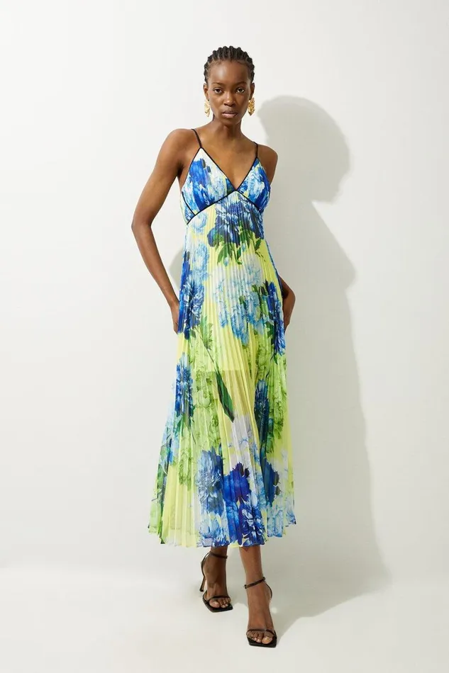 Dresses Women Karen Millen Petite Floral Pleated Crinkle Strappy Woven Midi Dress Floral