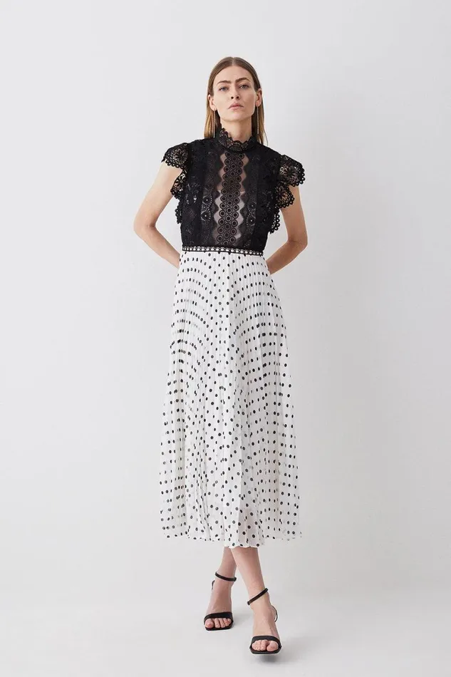 Dresses Women Karen Millen Petite Guipure Lace Dot Pleated Skirt Midi Dress Mono Dresses Women Karen Millen Petite Guipure Lace Dot Pleated Skirt Midi Dress Mono