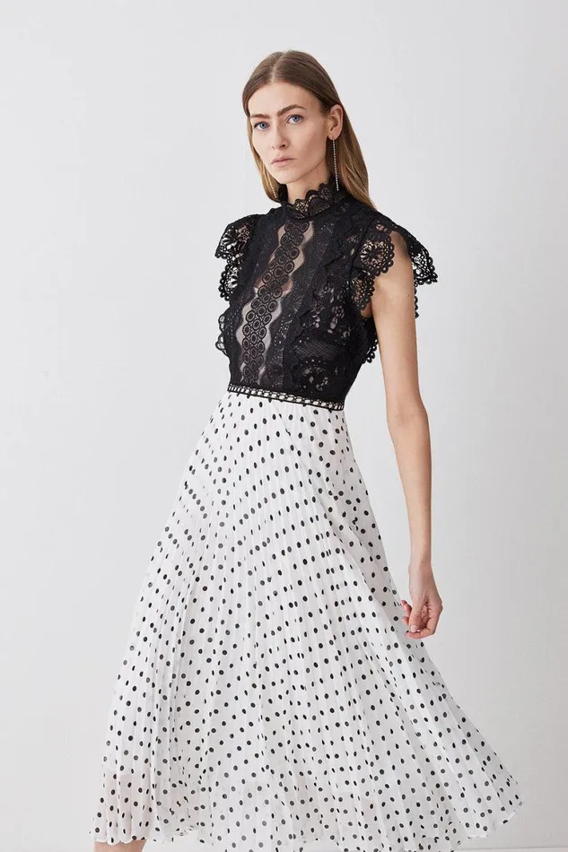 Dresses Women Karen Millen Petite Guipure Lace Dot Pleated Skirt Midi Dress Mono
