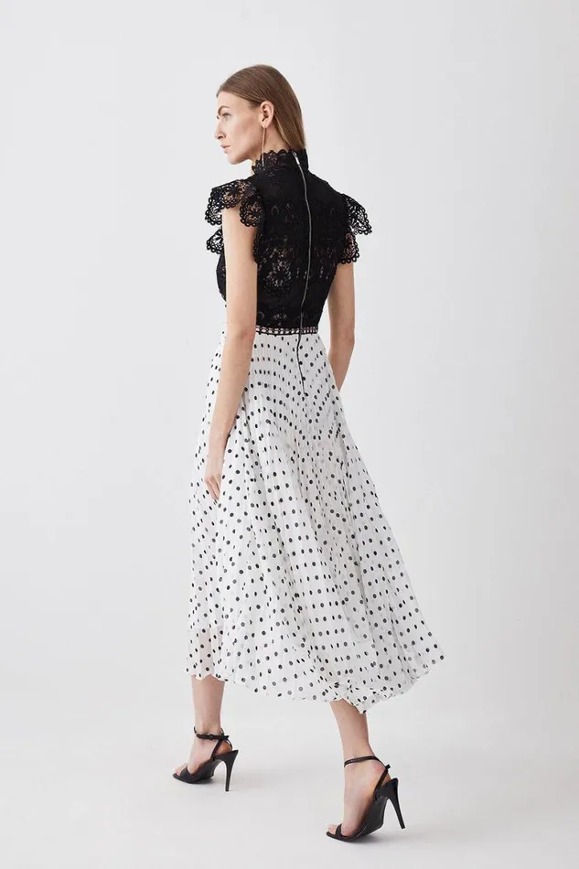 Dresses Women Karen Millen Petite Guipure Lace Dot Pleated Skirt Midi Dress Mono