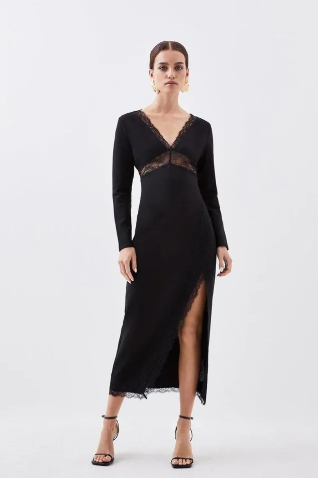 Dresses Women Karen Millen Petite Jersey Lace Thigh Split Midi Dress Black