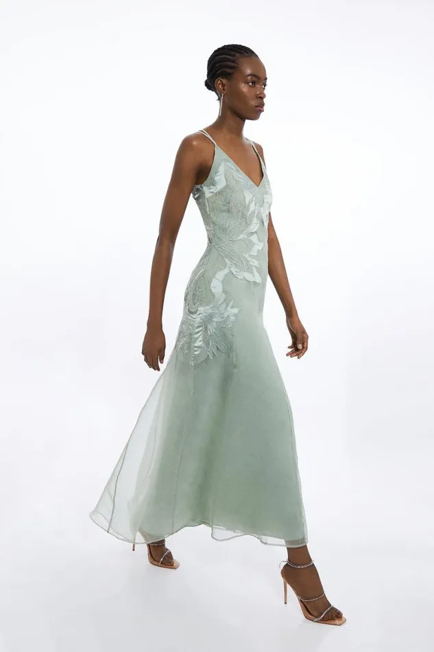 Dresses Women Karen Millen Petite Satin Applique Woven Maxi Dress Sage