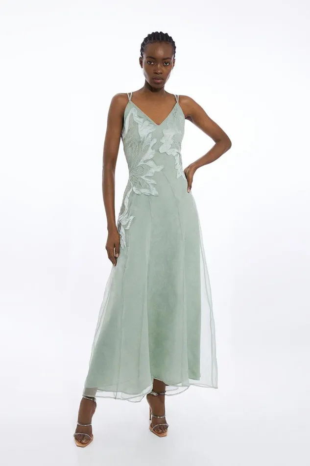Dresses Women Karen Millen Petite Satin Applique Woven Maxi Dress Sage