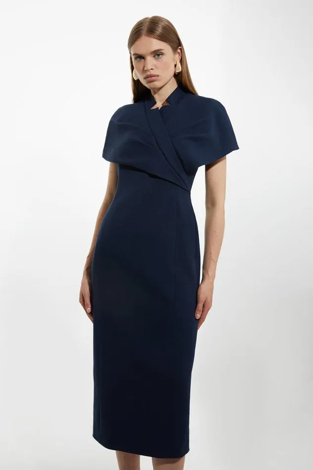 Dresses Women Karen Millen Petite Structured Crepe Cape Detail Midi Dress Navy