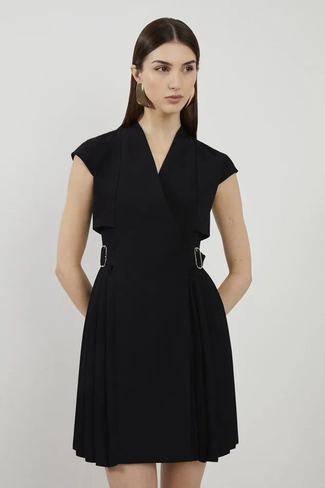 Dresses Women Karen Millen Petite Tailored Crepe Pleated Collarless Mini Dress Black Dresses Women Karen Millen Petite Tailored Crepe Pleated Collarless Mini Dress Black