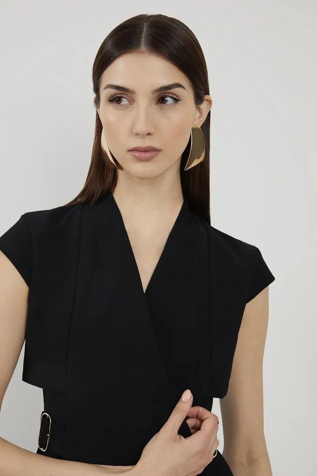 Dresses Women Karen Millen Petite Tailored Crepe Pleated Collarless Mini Dress Black