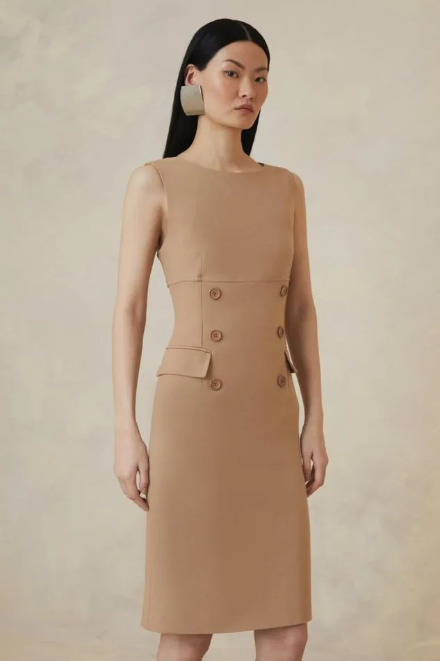 Dresses Women Karen Millen Petite The Founder Compact Stretch Button Detail Midi Dress Camel Dresses Women Karen Millen Petite The Founder Compact Stretch Button Detail Midi Dress Camel