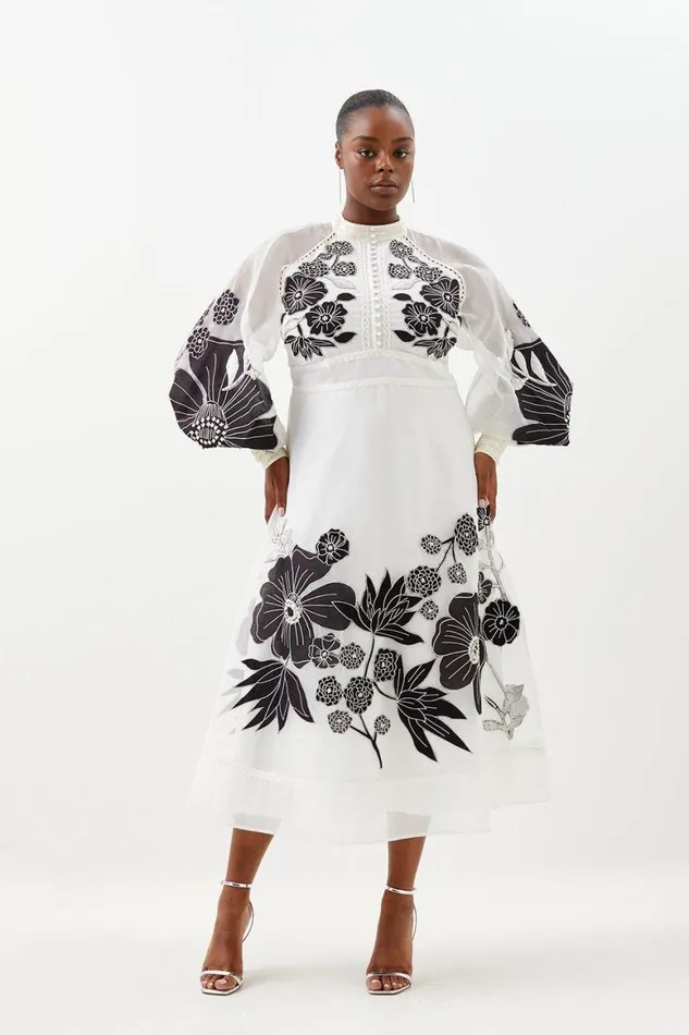 Dresses Women Karen Millen Plus Organdie Applique Buttoned Woven Midi Dress Mono Dresses Women Karen Millen Plus Organdie Applique Buttoned Woven Midi Dress Mono