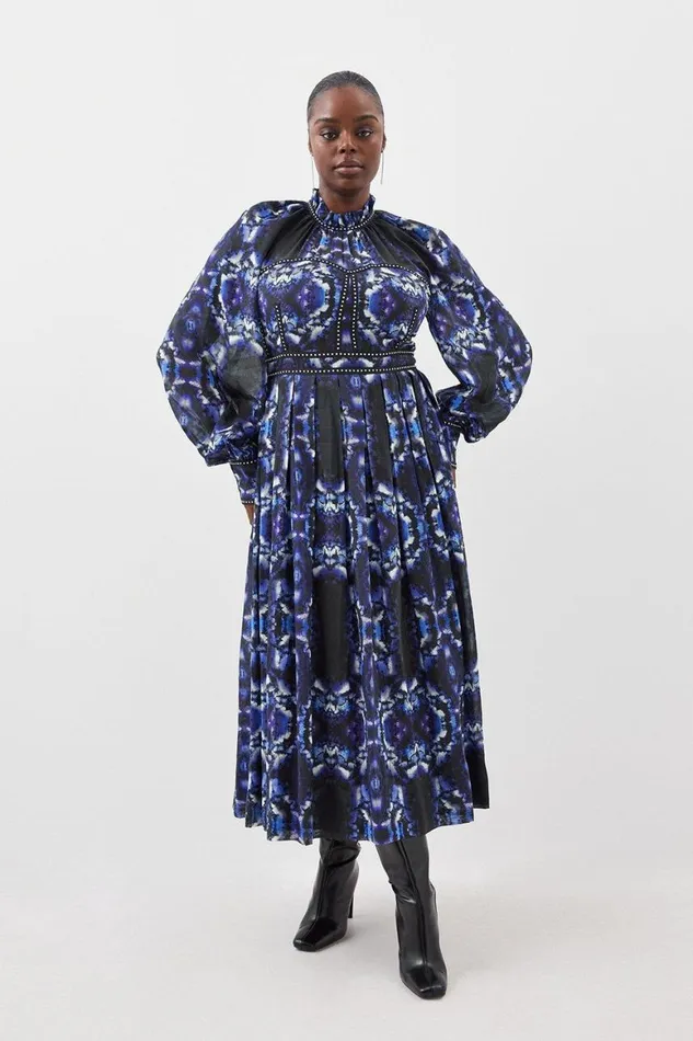 Dresses Women Karen Millen Plus Size Silk Cotton Border Print Woven Midi Dress Blue Dresses Women Karen Millen Plus Size Silk Cotton Border Print Woven Midi Dress Blue