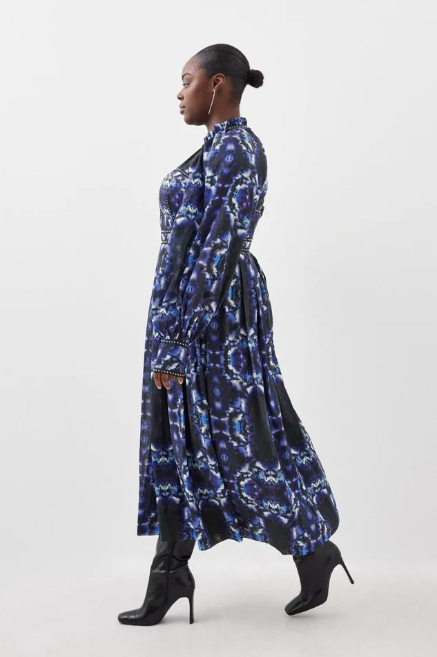 Dresses Women Karen Millen Plus Size Silk Cotton Border Print Woven Midi Dress Blue