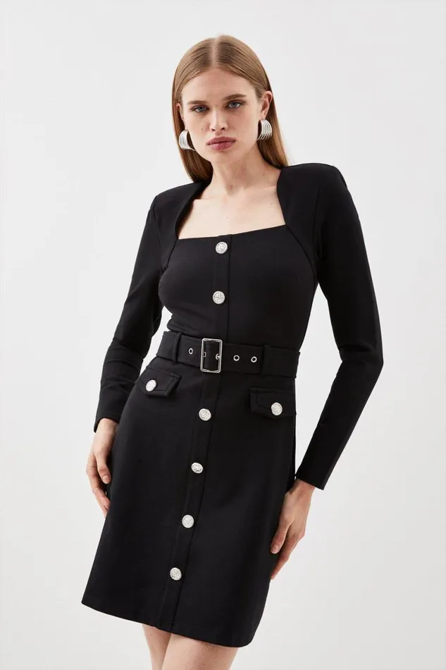 Dresses Women Karen Millen Ponte Square Neck Belted Long Sleeve Mini Dress Black Dresses Women Karen Millen Ponte Square Neck Belted Long Sleeve Mini Dress Black