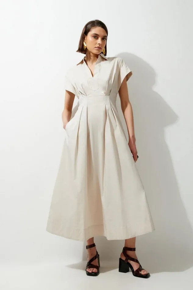 Dresses Women Karen Millen Poplin Dropped Strong Shoulder Woven Shirt Dress Stone