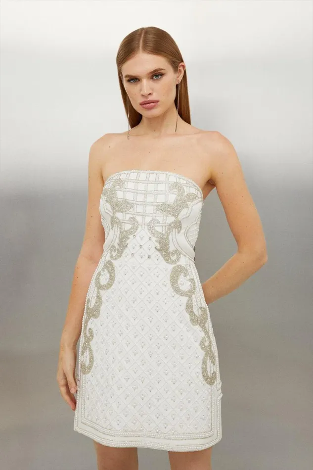Dresses Women Karen Millen Premium Embellished Bandeau Woven Mini Dress Ivory