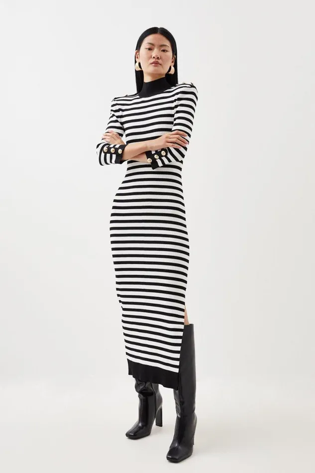Dresses Women Karen Millen Rib Knit Power Shoulder Military Trim Midi Dress Mono Dresses Women Karen Millen Rib Knit Power Shoulder Military Trim Midi Dress Mono
