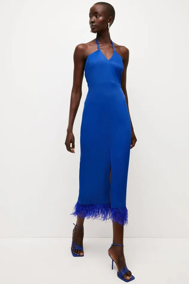 Dresses Women Karen Millen Satin Back Crepe Feather Halter Maxi Dress Cobalt