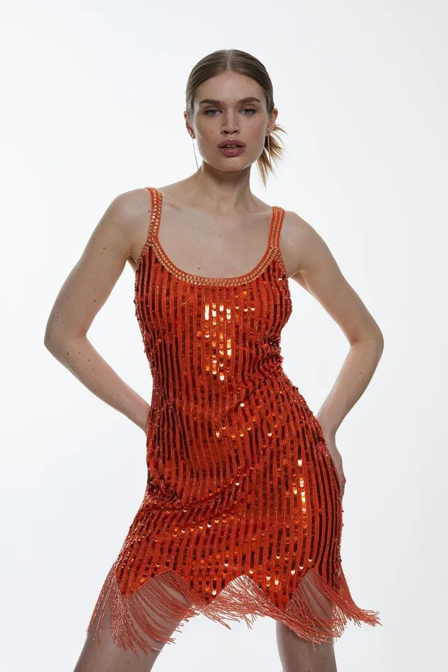 Dresses Women Karen Millen Sequin Embellishment Mini Woven Dress Orange