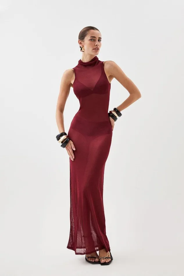 Dresses Women Karen Millen Sheer Knit Racer Style Maxi Dress Burgundy