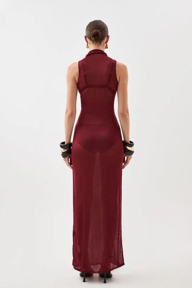 Dresses Women Karen Millen Sheer Knit Racer Style Maxi Dress Burgundy