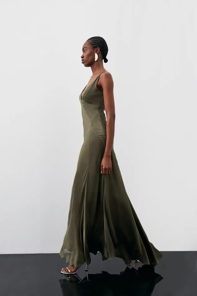 Dresses Women Karen Millen Sheer Panelled Satin Woven Maxi Dress Khaki