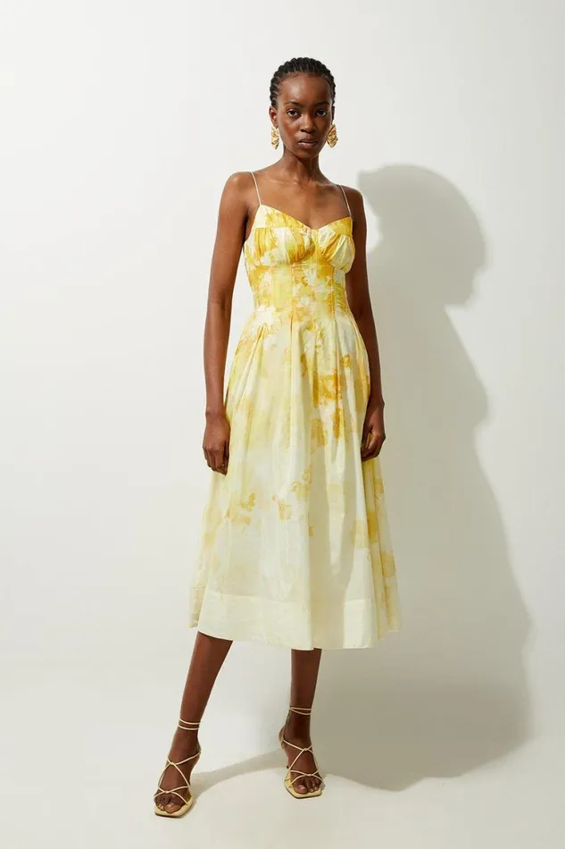 Dresses Women Karen Millen Silk Cotton Trailing Floral Strappy Midi Dress Yellow Dresses Women Karen Millen Silk Cotton Trailing Floral Strappy Midi Dress Yellow