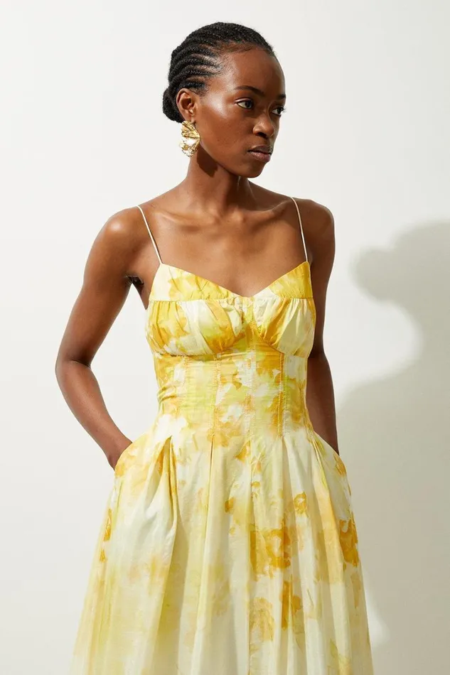 Dresses Women Karen Millen Silk Cotton Trailing Floral Strappy Midi Dress Yellow